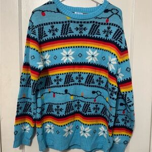 Aldi Gear Ugly Christmas Sweater Snowflakes Retro Holiday Lights Blue Medium Men